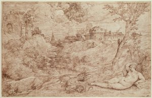 Paysage avec un dragon et une femme nue endormie
